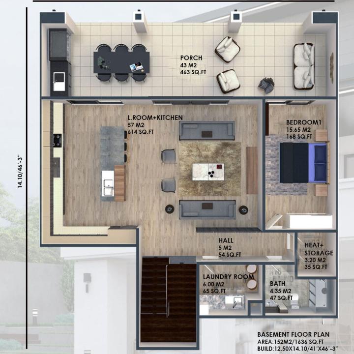 ガレージ付き3ベッドルーム3階建てのバーンドミニアムハウスプラン