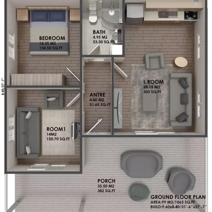 22' x 32' Small House Plans 2 Bedroom, Architectural Home Design