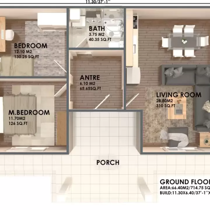 37' x 21' Small House Flooe Plans 2 Bedroom