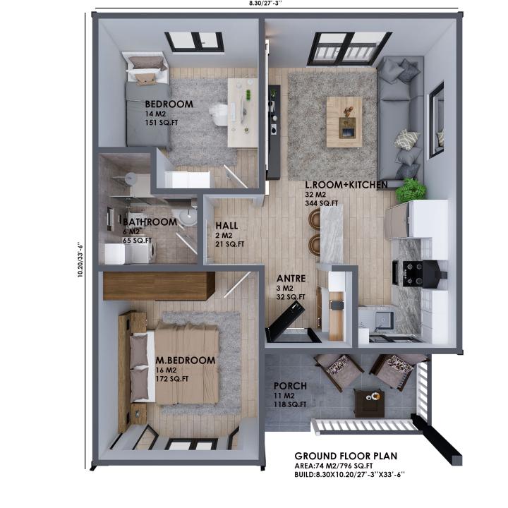 モダンなタイニー・スモール・ハウス・プラン, 2ベッドルームの1階建て住宅設計