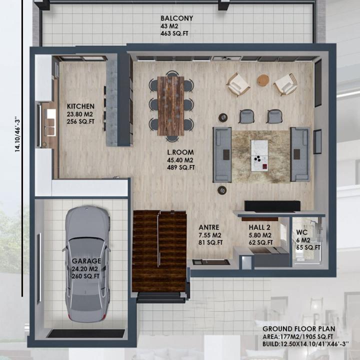 ガレージ付き3ベッドルーム3階建てのバーンドミニアムハウスプラン